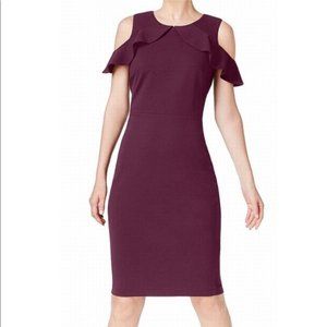 SOLD -  Calvin Klein Ruffle Cold Shoulder Plum Dress, Size 6